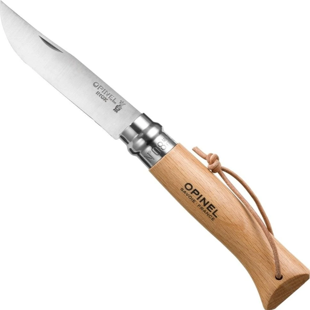 OPINEL TREKKING NO.8 STAINLESS STEEL WITH A LEATHER LACE BEECHWOOD HAND