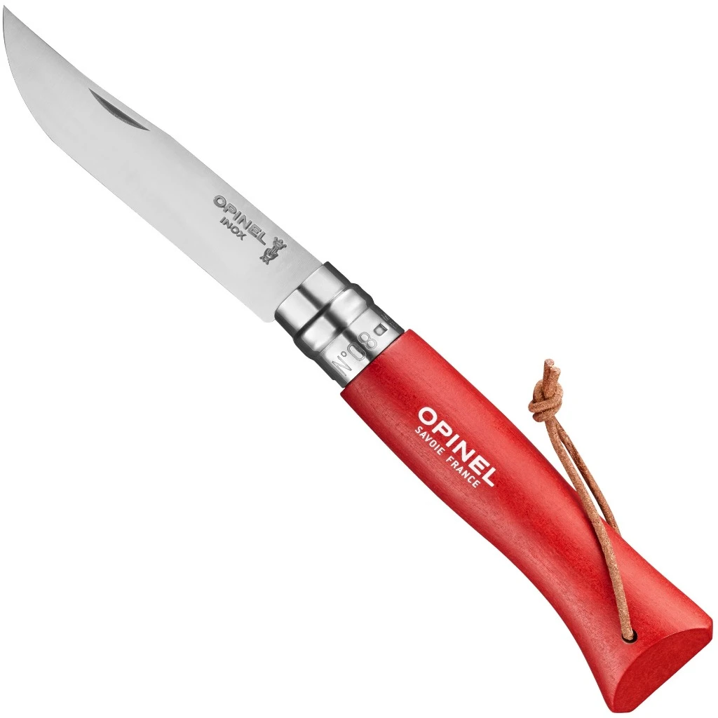 OPINEL TREKKING NO.8 STAINLESS STEEL RED WITH A LEATHER LACE 